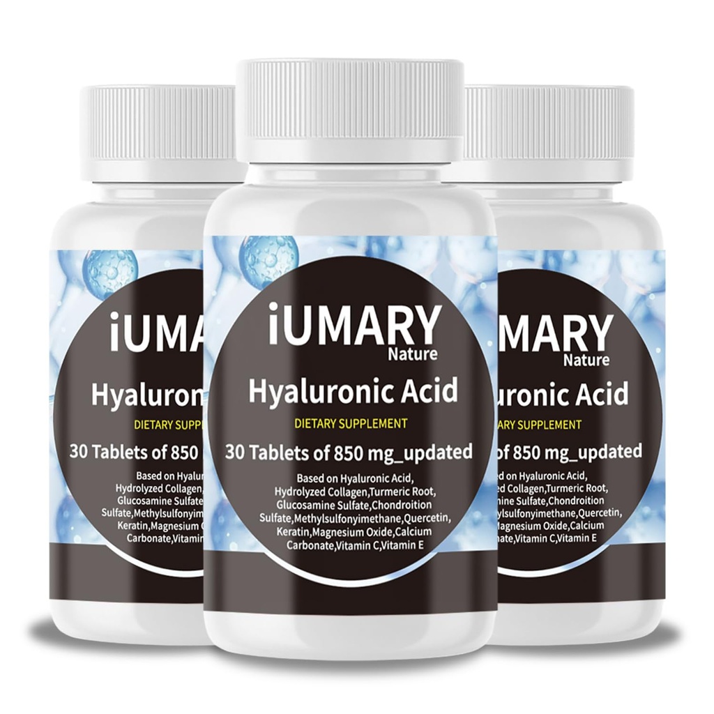 Hyaluronic Acid 补充剂,850mg 高生物可用食用Hyaluronic Acid -- -- 与氢化钴、Turmeric、Glu-cosamine、MSM、维生素C – 30 片(3包)的高级联合支持
