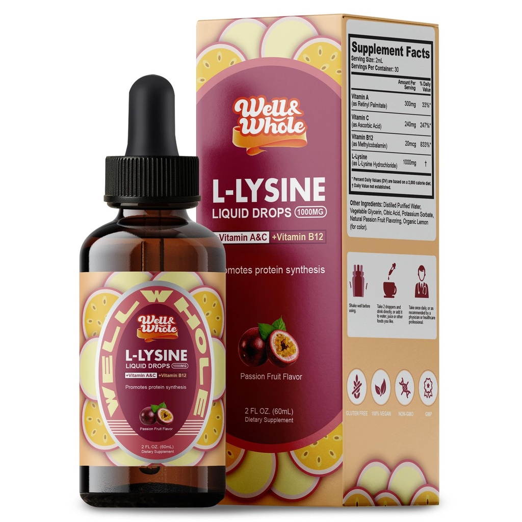 L-Lysine 补充液滴 L-Lysine 1000mg Tinctures with Vitamin A, C, 和 B12 成人与儿童 + 免疫支持, 皮肤与唇健康, Collagen 合成 → Non-GMO, Vegan, 2 Fl Oz (60 ML)