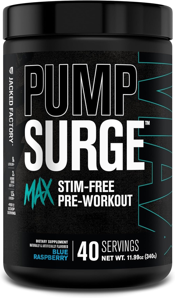 Jacked Factory Pumpsurge Max Stim Free Pre Workout - 与L-Citrulline,N03-T Arginine Nitrate & Glutatithione - 40 services, Blue Raspberry 共同进行高性能咖啡因自由前工作.