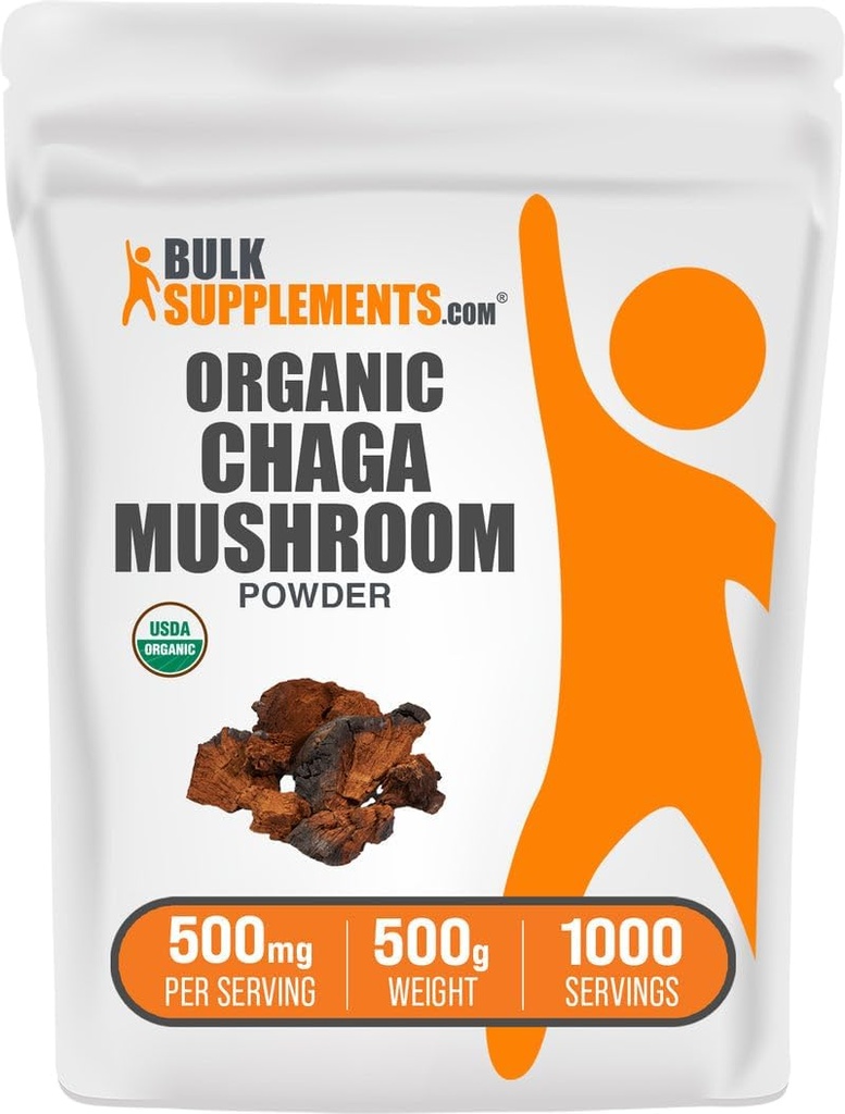 Bulk Assupports.com 有机查加蘑菇 粉末 - 查加蘑菇 Superfood Assuppose - Vegan & Gluten Free,每服500mg,500g(1.1磅)(包1)