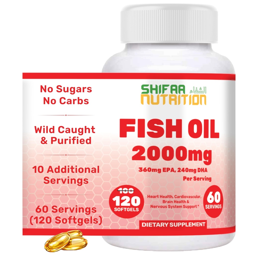 含360mg EPA & 240mg DHA的SHIFAA营养卤鱼油2000mg软胶,100 Wild Caught & Non-GMO Omega 3 Softgel用于心脏和脑健康. 鱼油3号补编