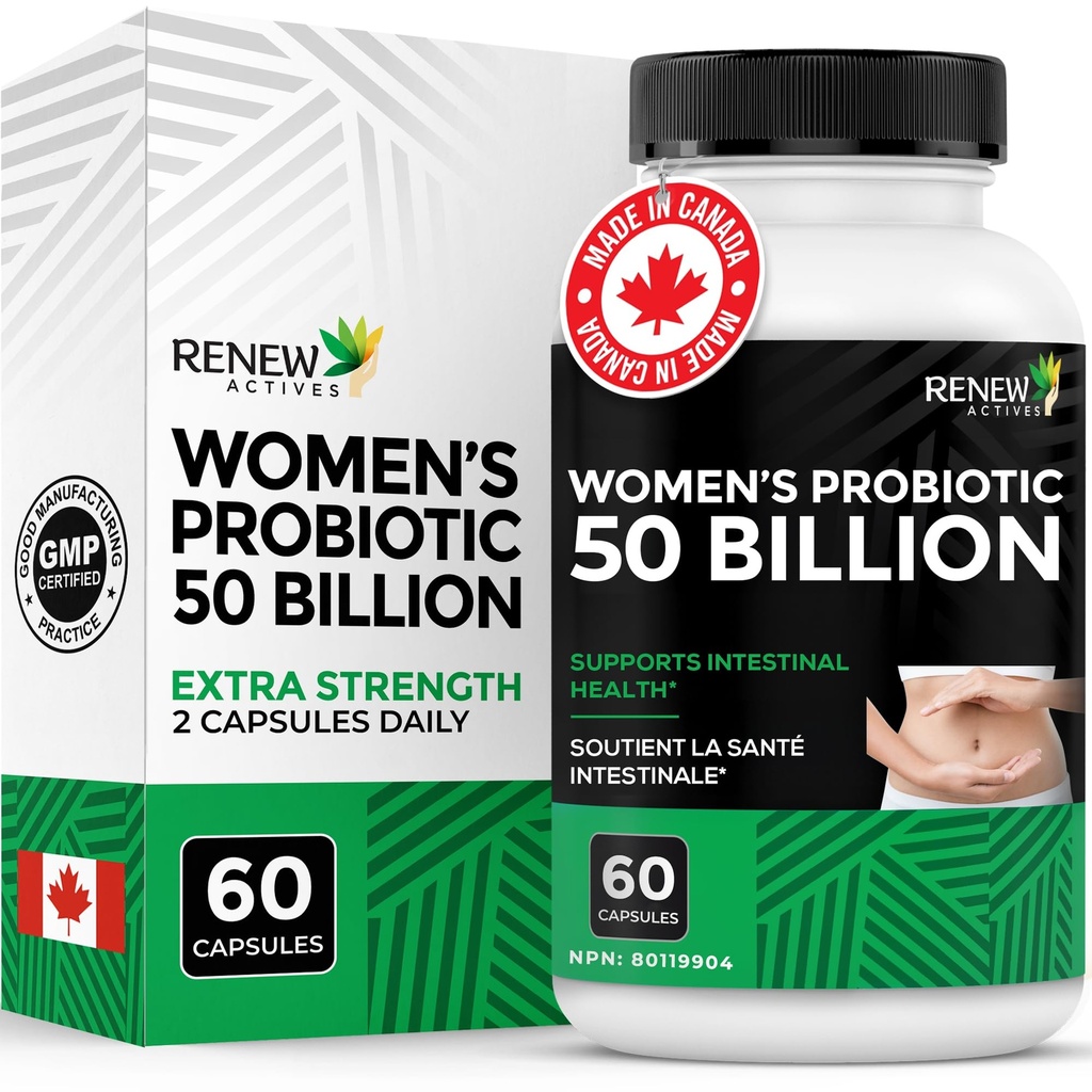 RENEW ACTIVES 为妇女提供抗生素 每2个卡普尔50亿 CMFU – MAKTREK Technology, 4个Probiotic Strains & Prebiotic Blend – 支持加拿大制造的消化卫生和脂肪平衡 – 60个卡普尔