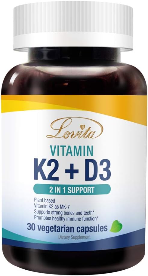 Lovita 维生素K2 + D3,400 IU Vegan 维生素D3 和 120 mcg 维生素K2(MK-7), 2 in 1 Formula, Immune 维生素复合体, 30 植物胶囊