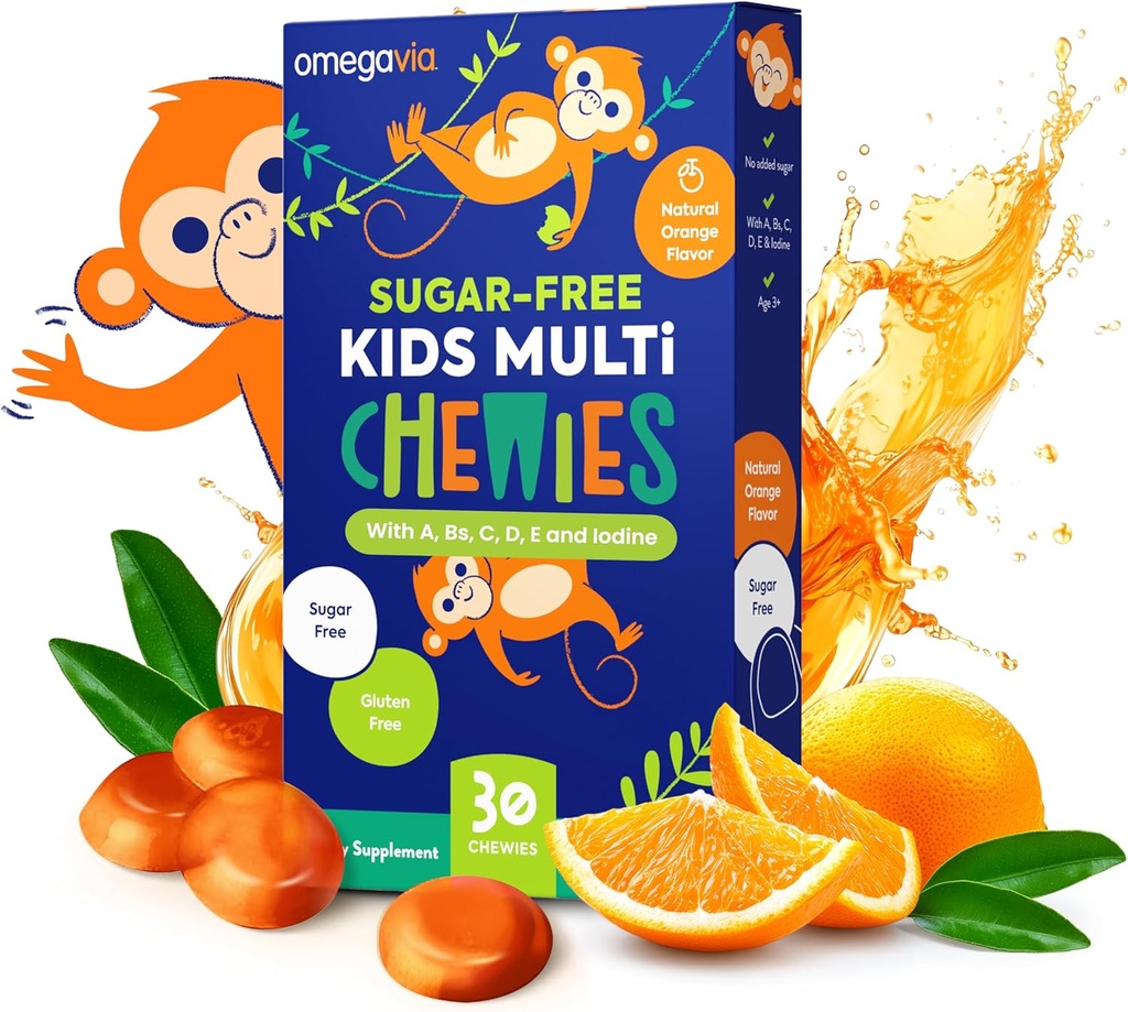 OmegaVia 无糖儿童 多维他命 Chewies - Daily Chewable Gummy Vitamins for Kids 3+, Vitamin A, C, D3, E, B6 & B12, Folate & More, Natural Orange Flavor, 30 Count