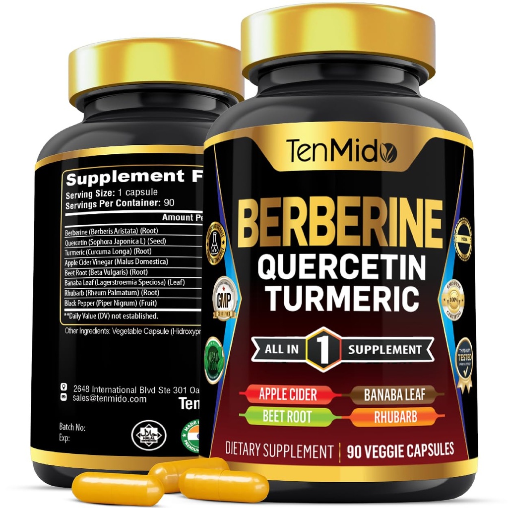 Berberine Supplement for Men and Women, 8in1 配有Quercetin, Turmeric, Apple 苹果苹果苹果醋醋, Beet Root & More - 消化剂, 免疫支持 - 富营养 - 90 Capsules