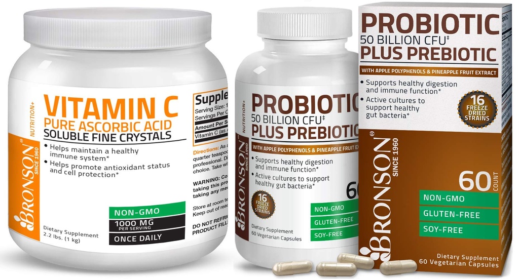 Bronson Probiotic 50亿 CMU + 苹果多酚和菠萝水果提取 维生素C 粉纯酸 溶性精细非转基因生物晶体