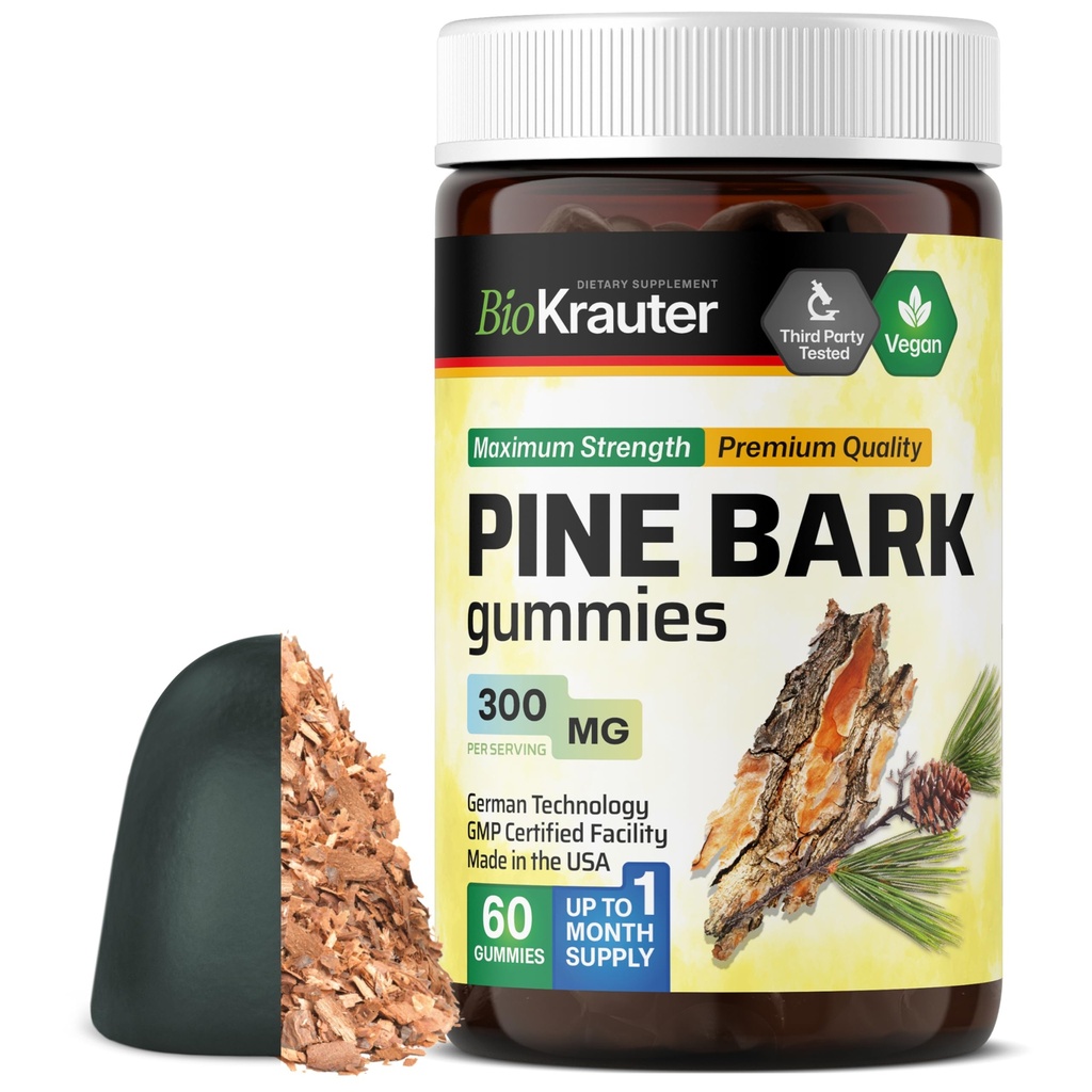 BIO KRAUTER 松木条提取法-300 mg 强力-60 Vegan Chews - 法国海洋松木条提取法-抗氧化剂补充剂-95% Proanthocyanidins - Pectin-Federation