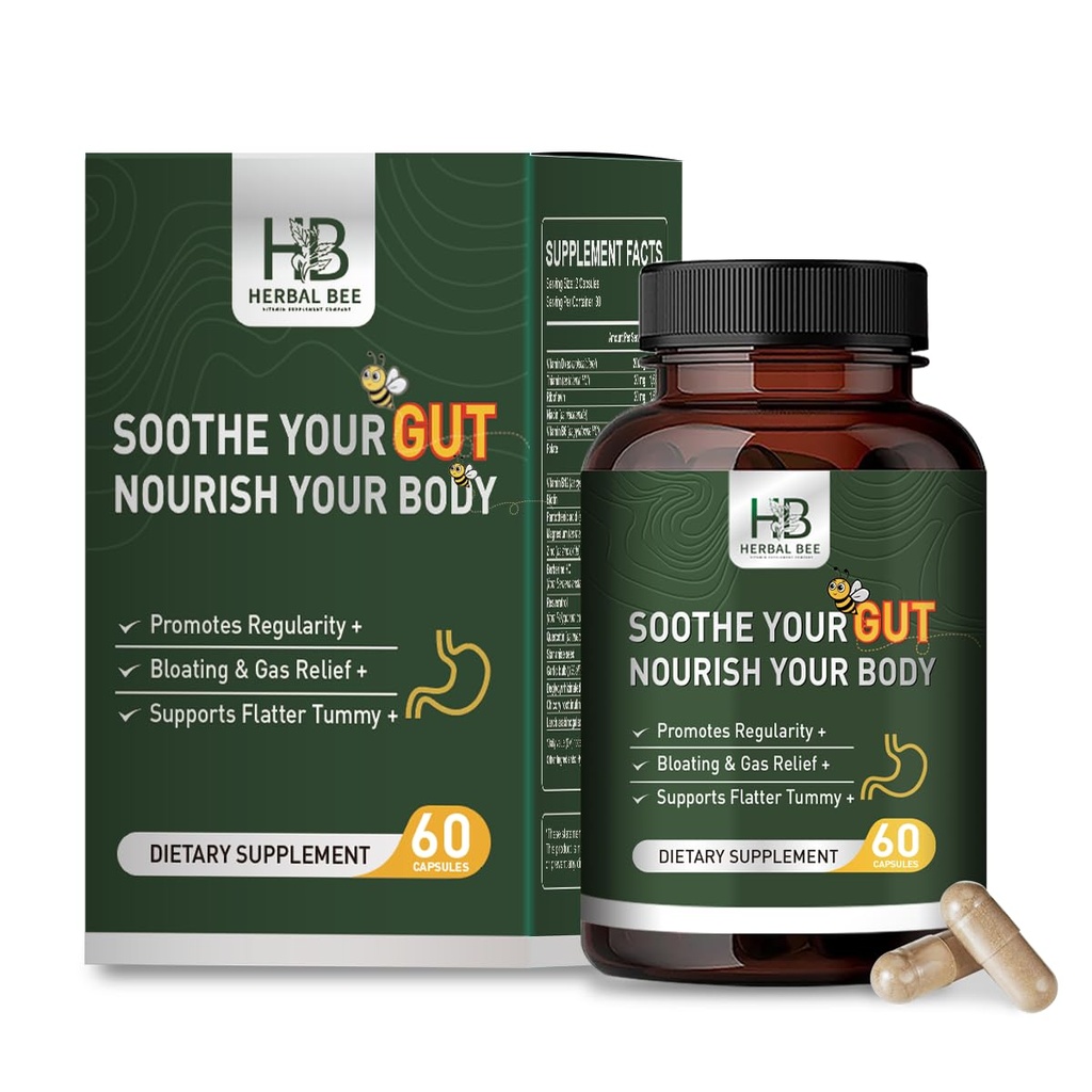 草药 BEE Gut Health - 燃气和布洛丁减肥,便秘,Leaky Gut修理 - Gut Cleanse 和恢复文摘 - 促进规范化,Colon Cleanser 60 Capsules