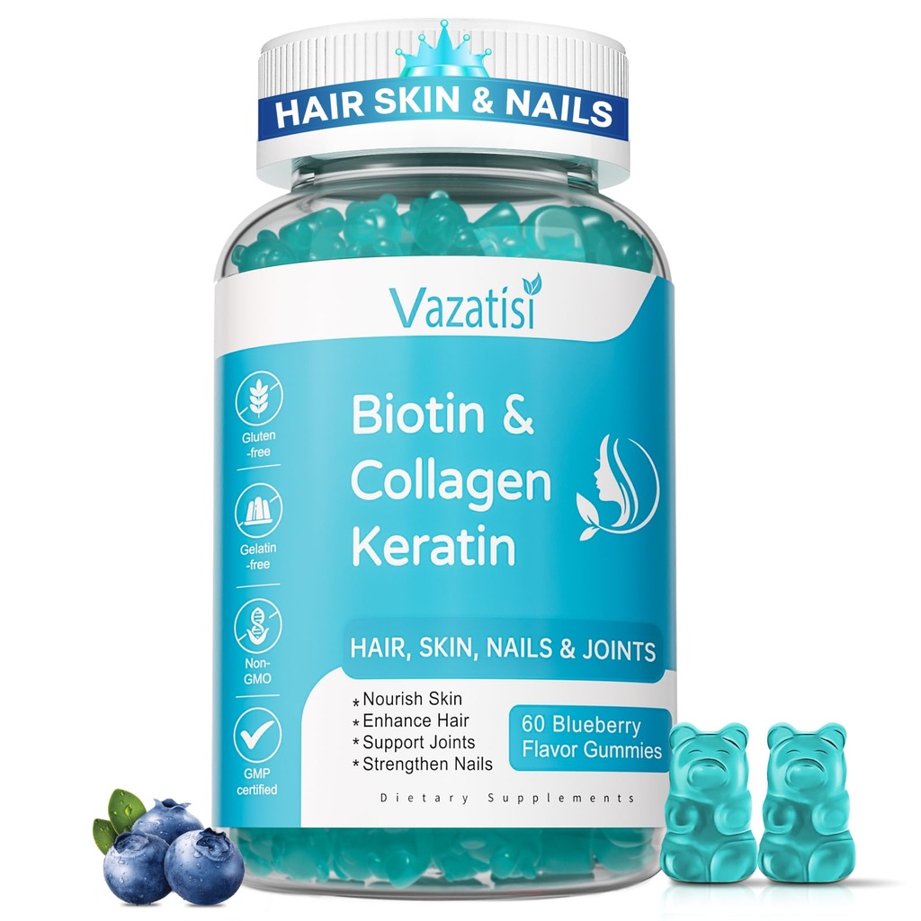 与Collagen & Keratin合作的Biotin Gummys 用于毛皮钉-支持毛发生长和强钉, 女性男性,儿童 - 60 蓝莓火烧Gummys