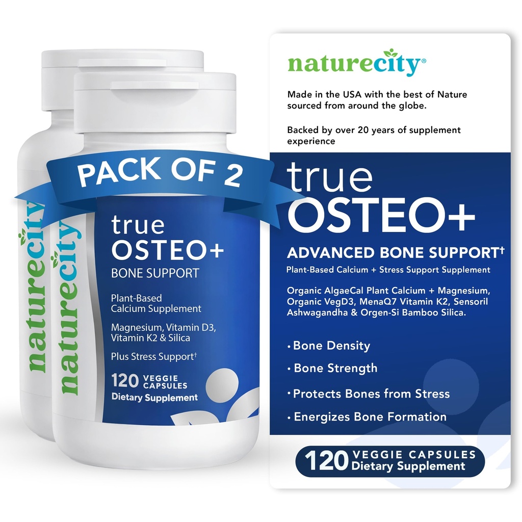 NatureCity True-Osteo+ Bone 支持 Ashwagandha – 支持强和密度 – 植物基钙与有机藻藻、镁,维生素D3, K2, 硅与压力支持 ~ 240 Veggie Capsules