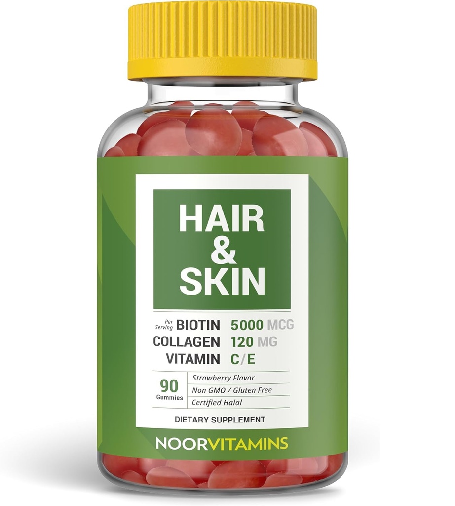 noor 维生素 Halal hair 维生素 Biotin, Collagen, Silica, 维生素C & E 支持毛发, Skin & Nail Health; 天然草莓 Gummy 维生素. GMO, Gluten Free & a 认证的Halal维生素(90个计数)