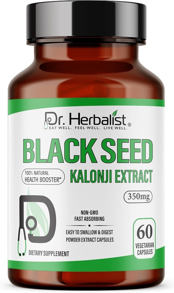 HERBALIST博士 黑色种子提取 350mg – 60 Vegan Capsules → 10:1 提取 = 3500mg Raw 黑色种子粉 → Premium Nigella Sativa 补充 → 高Thymoquinone → 自然健康支持
