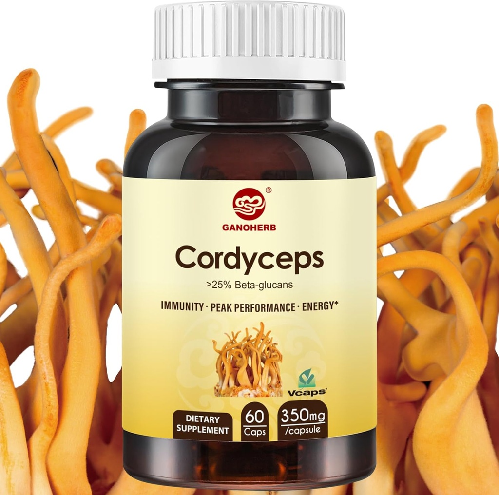 Cordyceps Capsules, 蘑菇提取剂补充粉末, 31% Beta Glucan用于性能, 能量和免疫系统支持, 700mg, 60 Counter, Organic and Vegan