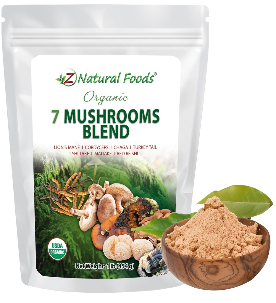Z 天然食品 有机7 圣蘑菇 混合 - 用于免疫健康的蘑菇粉 - 狮子的马内、科迪塞普斯、查加、红里西、Shiitake、Maitake和土耳其的茶叶 咖啡、滑油、1磅