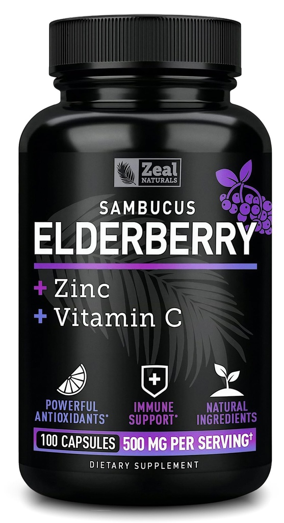 Zeal Naturals Max 强长树莓 Capsules + Zinc + 维生素 C + 500 mg 用于免疫系统支持 黑桑布克斯 长树莓 + 100 伯爵 + 3-in-1 对成年人的免疫支持