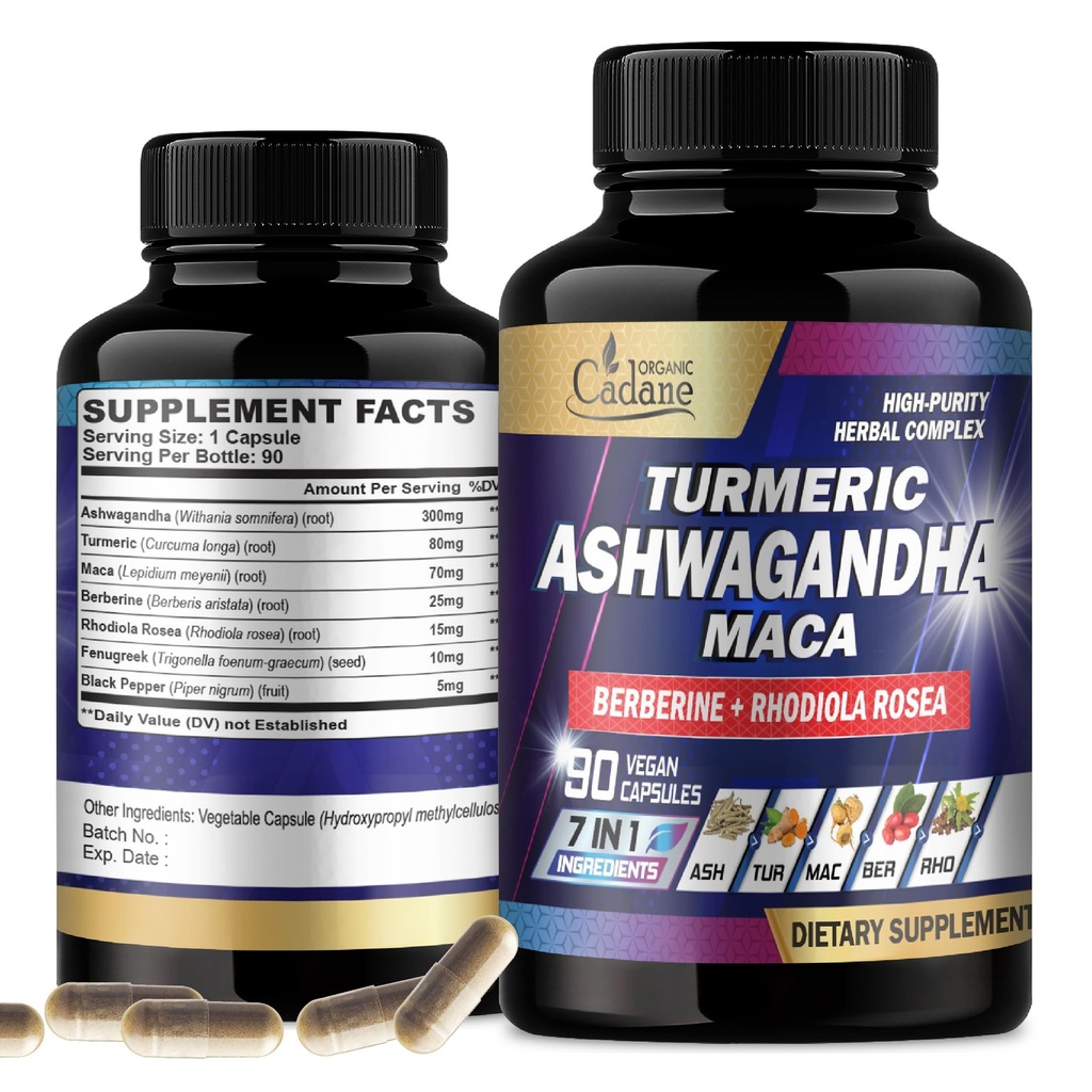 有机Cadane Ashwagandha 补编 - 记忆、免疫系统和力量支持 - 7in1 专注于Turmeric、Maca Root、Berberine & More - 90 Vegan Capsules 用于3-Month 供应