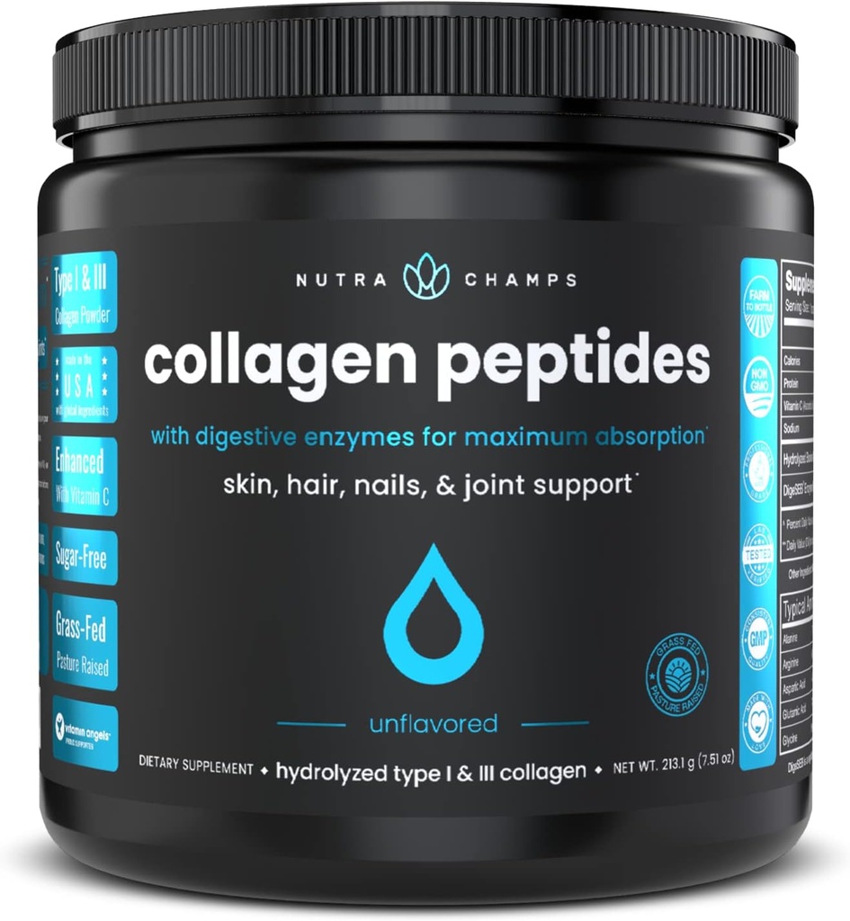 Collagen Peptides Powder - 强化吸收,双水解,草药,Keto蛋白粉配维生素C - 毛发增殖,皮肤,钉子,关节和骨头,不味