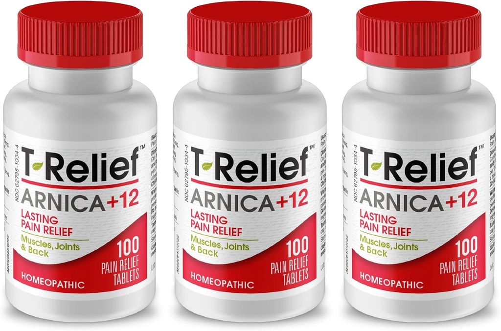 T-Relief Arnica + 12 自然解放活动者 背痛 联合疼痛 肌肉 和 Stiffness, 全身 快速 女性和男性 – 100块(3包)
