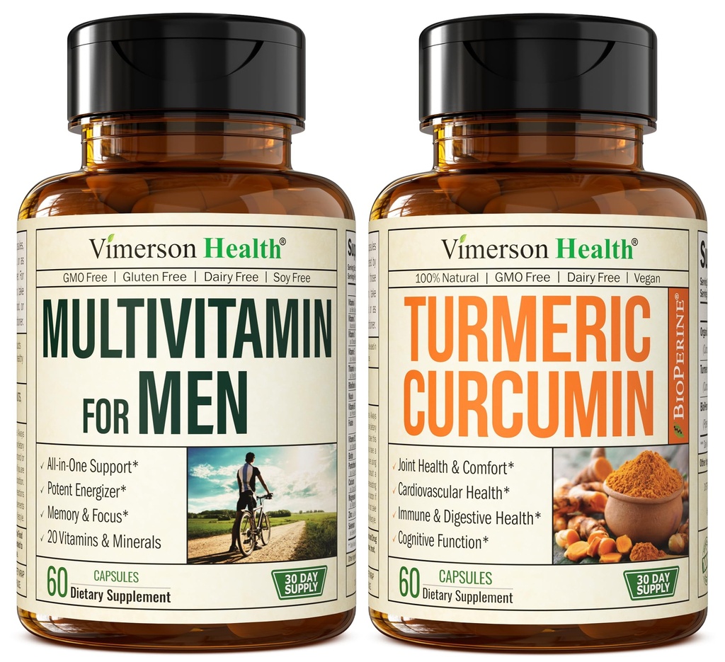 Vimerson Health Men's multivitamin + Turmeric Curcumin with Black Pepper screw Bundle. 维默森健康男子多维特敏 + Turmeric Curcumin 配黑胡椒抽取包 维默森健康男子多维特敏 + Turmeric Curcumin 配 黑胡椒 Curcumin + Bundle. 联合和免疫支助、不适救济、抗氧化物财产