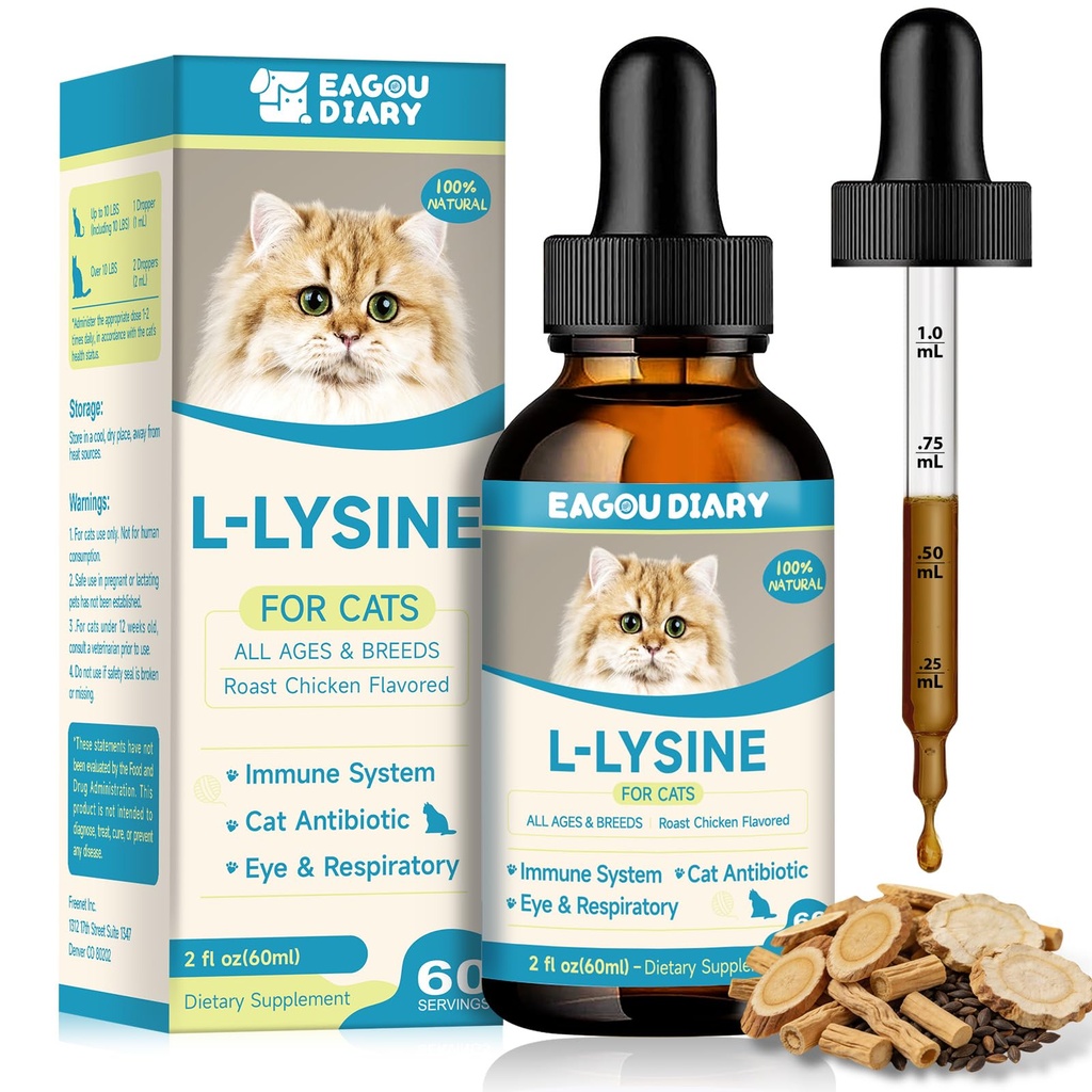 L-Lysine for Cats, Lysine Drops Immune 支持补充剂,喷嚏,Cold,过敏救济,Runny Nose,Feline呼吸器,猫用Colostrum,Taurine (Roast Chicken Flavor/2floz)