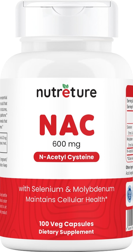 NAC 配有硒和钼的N-乙酰Cysteine Liver 补充剂,用于肝健康 → N-乙酰Cysteine 600 mg 100 Capsules