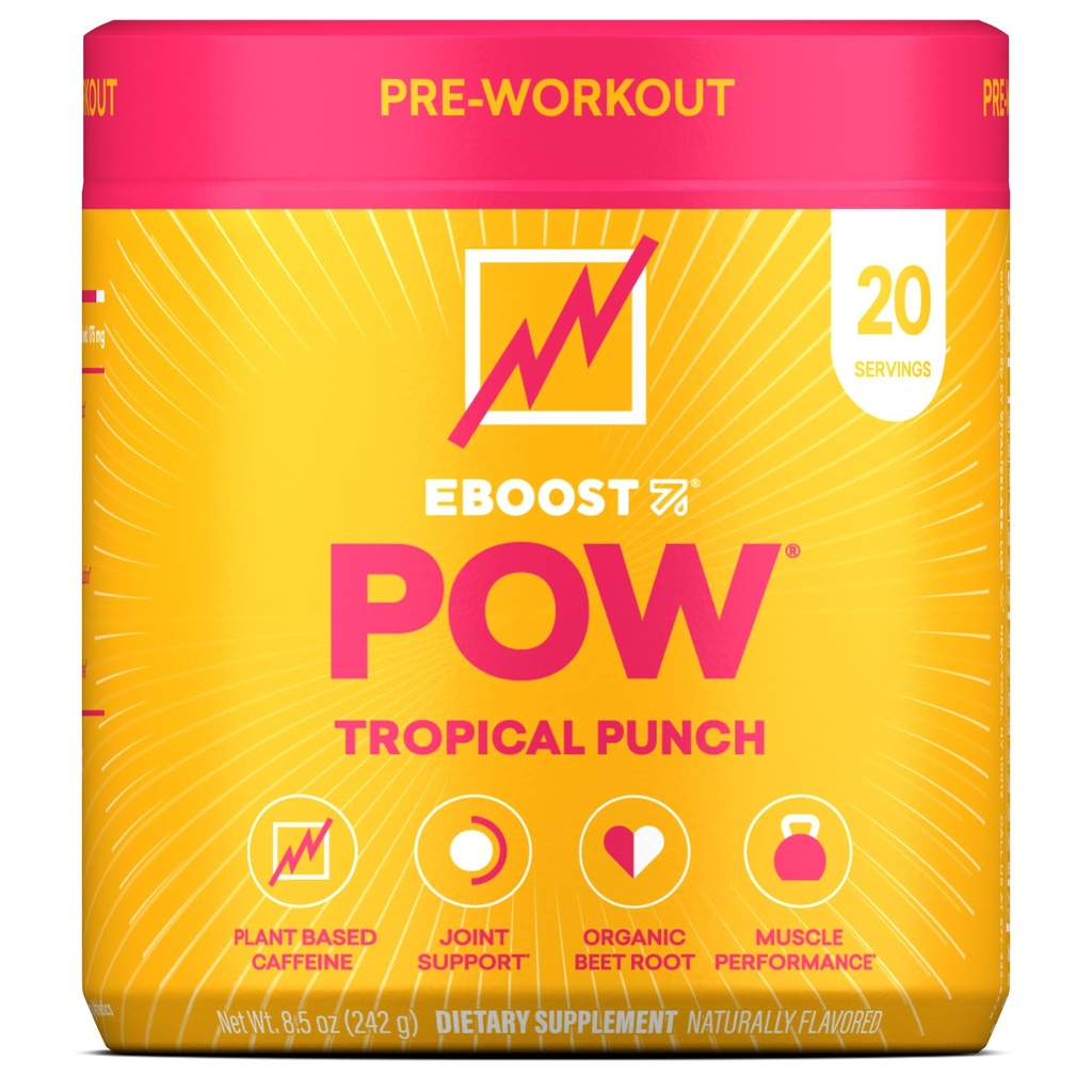 EBOOST POW 天然工作前粉 - 20种服务 - 热带扑克 - 性能工作前补品,联合流动支助,能源,焦点 - 男人和女人 - 非GMO,Gluten-Free, No Creatine