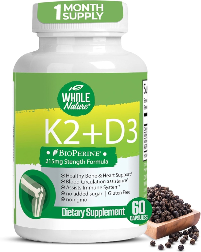 K2 D3 维生素补充剂 BioPerine - Vegan Calcium 配有维生素 K和D - 高级 D3K2 VIT 5000 IU - 60 Vegan D3 + K2 MK-7 复合营养囊 心脏和骨质健康(1份)