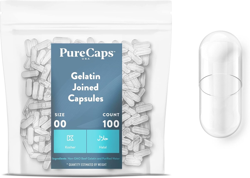 纯Caps USA - 空 Gelatin Capsules Size 00|100 加入 Pills| Clear|n-GMO Certification| SLS, Gluten, 防腐自由