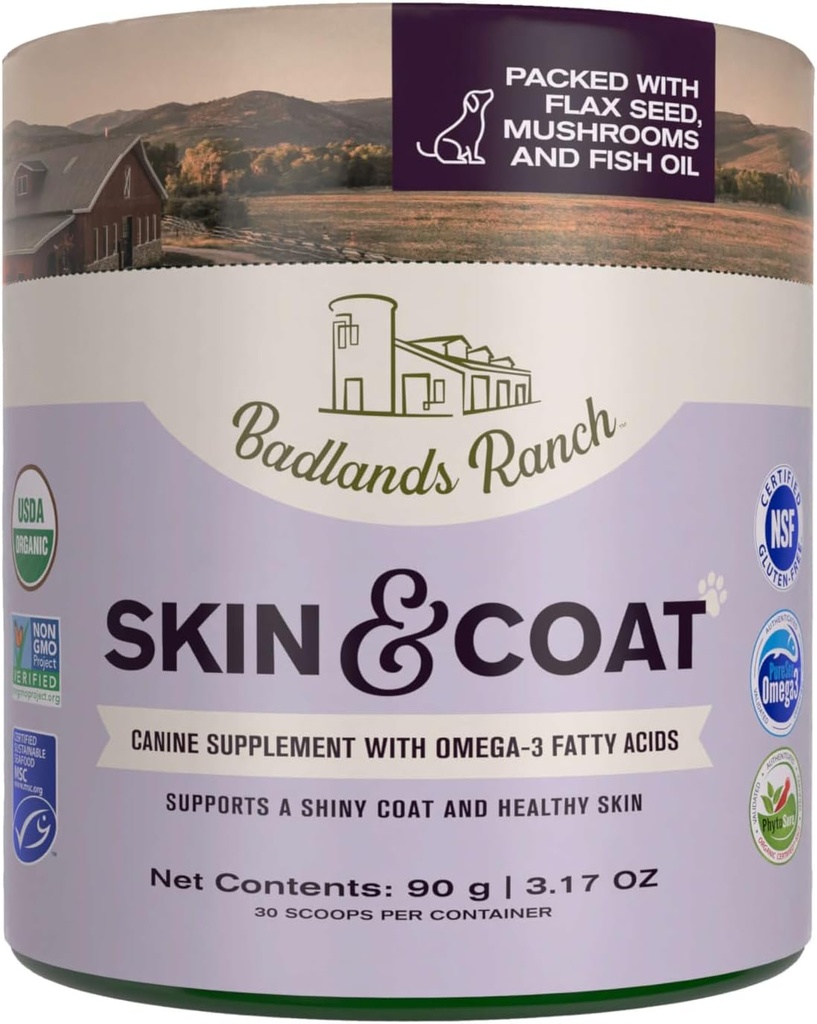 Badlands Ranch - Skin & Coat Canine Supplement w/Omega-3 Fatty Acids, Org. 成份剂,抗氧化剂Topper, Nourish Coat & Paws, 联合, 支持Shiny Coat & Health Skin by Katherine Heigl (30 Scoops) (英文)