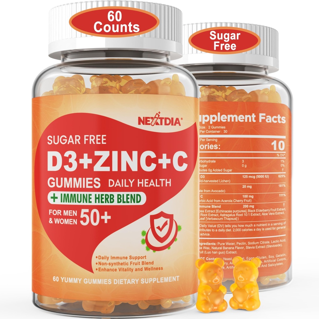 无糖维生素C + D3 + 成人用锌固醇50+,9 in 1 Immune Defense Supplies 配有 D3 5000IU, 长老莓, Echinacea, Mullein Leaf for Boust豁免, 动力抗氧化剂, Vegan (Pack of 1)