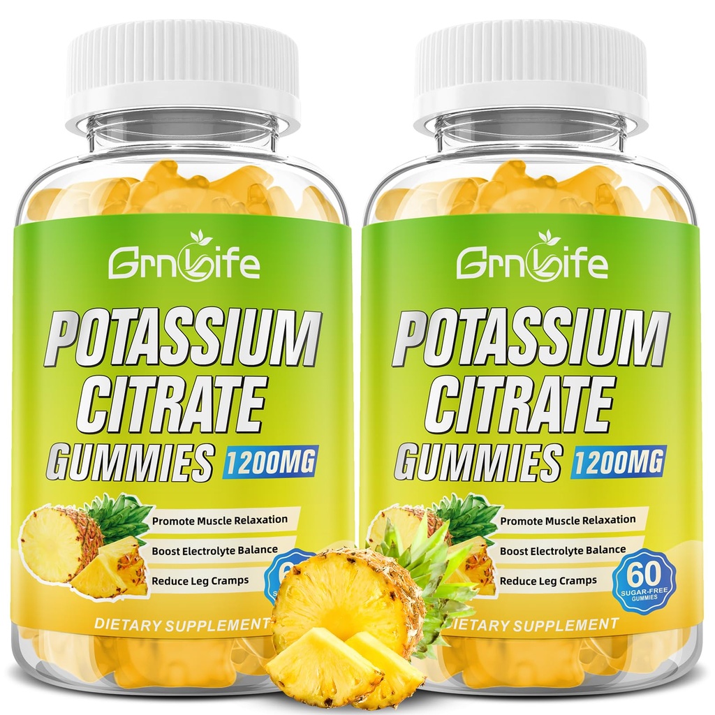 高钾补充Gummys 1200mg 支持腿板和肌肉健康,面向成年人和孩子,Vegan,Pineapple Flavor 120