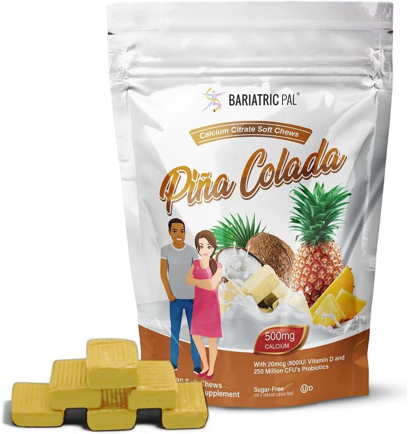 BariatricPal 无糖钙 Citrate Soft Chews | 500mg 配有维生素D和抗生素 | Piña Colada | 90 Counter(1个月供应)