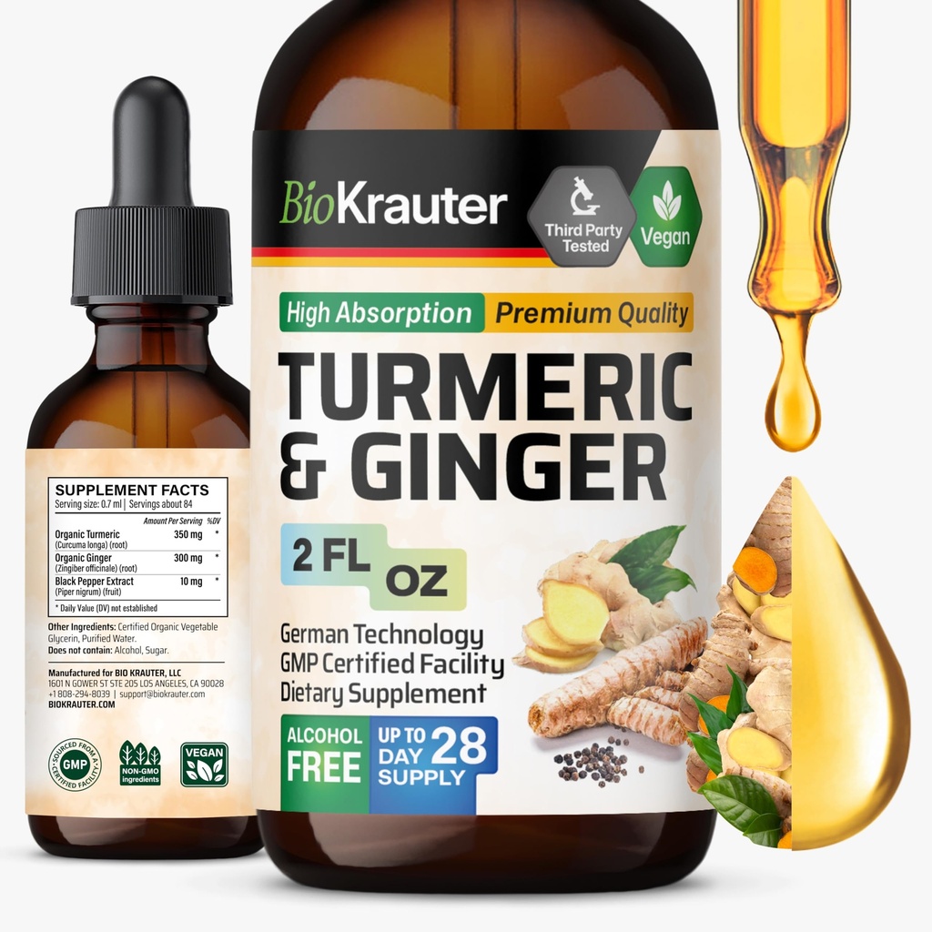BIO KRAUTER Turmeric and Ginger Supplement Tincture - Turmeric Curcumin Imune 支持滴 - 姜汁与黑辣椒 - Vegan Formula - 2 Fl.Oz.