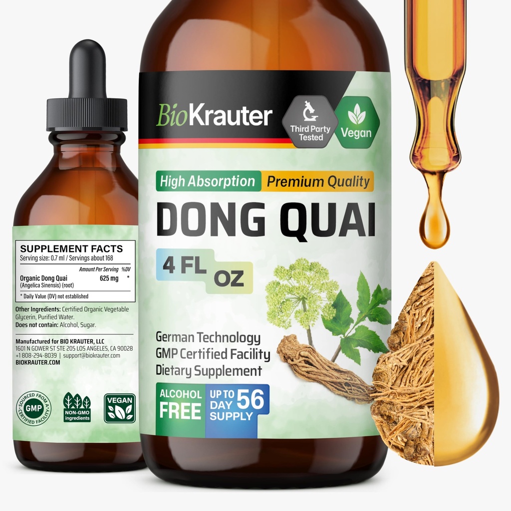 BIO KRAUTER* 妇女更年期补编* - 董奎滴 4 Fl.Oz 56天供应 - Vegan Angelica root Tincure for Menopause Support - 酒精和无糖 - 放松和妇女的健康