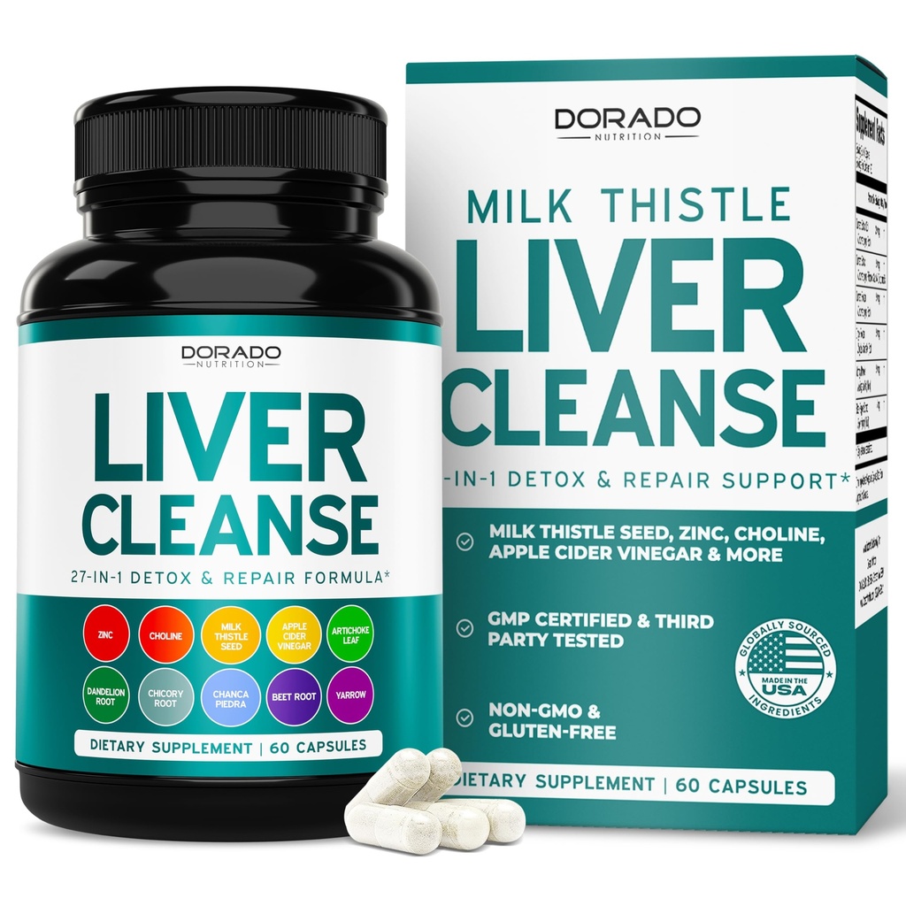 Liver Cleanse Detox & Reference 27 in 1 Formula - 牛奶硝酸盐, Dandelion Root, Turmeric, Artichoke Except & More - 肝解毒支持补编 - 第三方测试, Vegan Safe & USA Made (60 Counter)