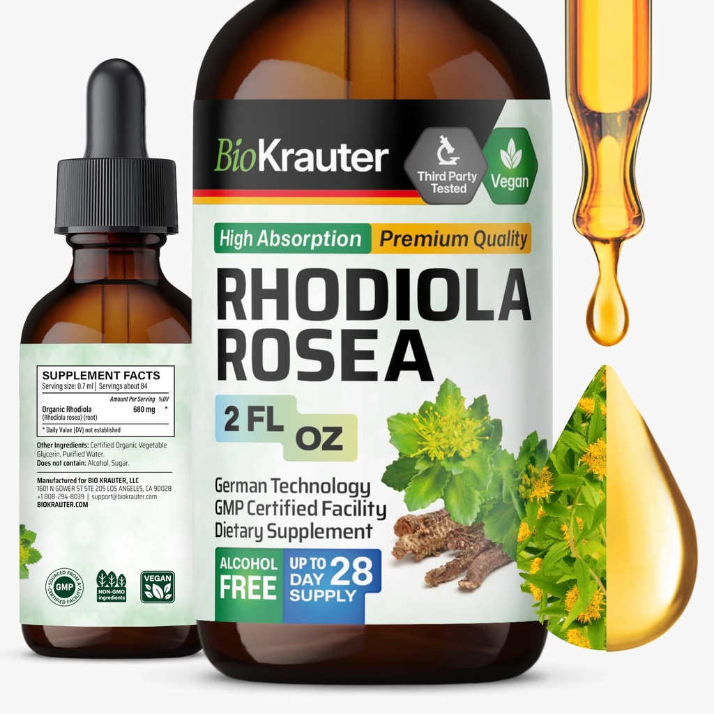 BIO KRAUTER Rhodiola Rosea 补充液 - 纯Rhodiola Rosea Tincture - Vegan 冷静支持 - 酒精和糖自由提取 2 Fl.Oz.