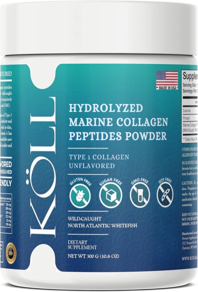 KÖLL Marine Collagen Peptides Powder(300g) 女性和男性无糖柯拉根,10,000mg 水解补充剂,Wild-Caught Sourced,非GMO,骨和皮肤健康1型防腐剂0%