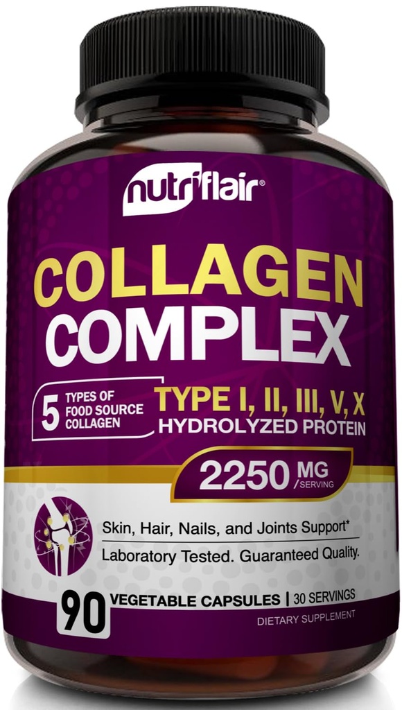 NutriFlair 多科拉根 Peptides 2250mg, 90 Capsules - I型,II型,III型,V型,X型 - 科拉根复合粉末药丸 男女配药 - 水解蛋白,健康发型,皮肤,钉子 - 非GMO