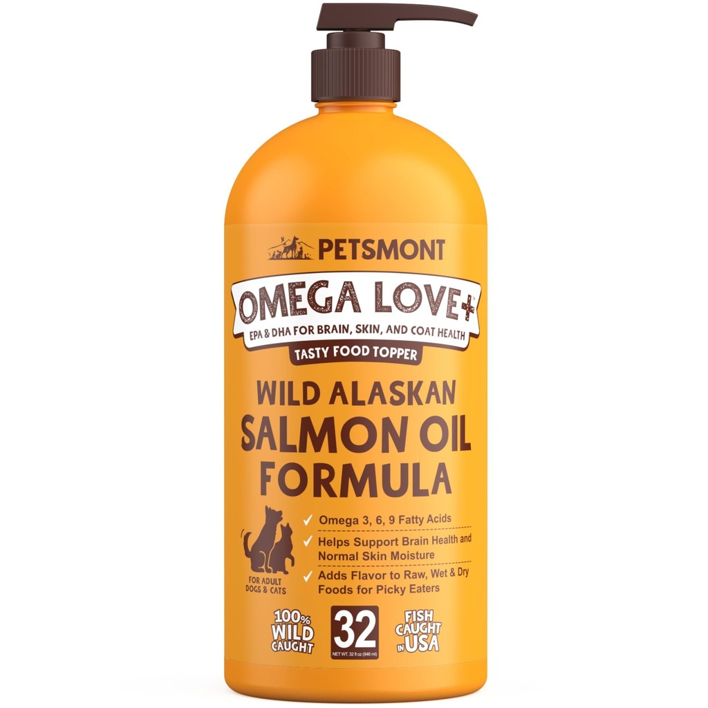 Petsmont Omega Love + 野生阿拉斯加沙门油换狗方程式 32 oz - 鱼Omega液体泵猫支持联合功能 Immune心脏健康食品补充 宠物 天然 EPA DHA脂肪酸