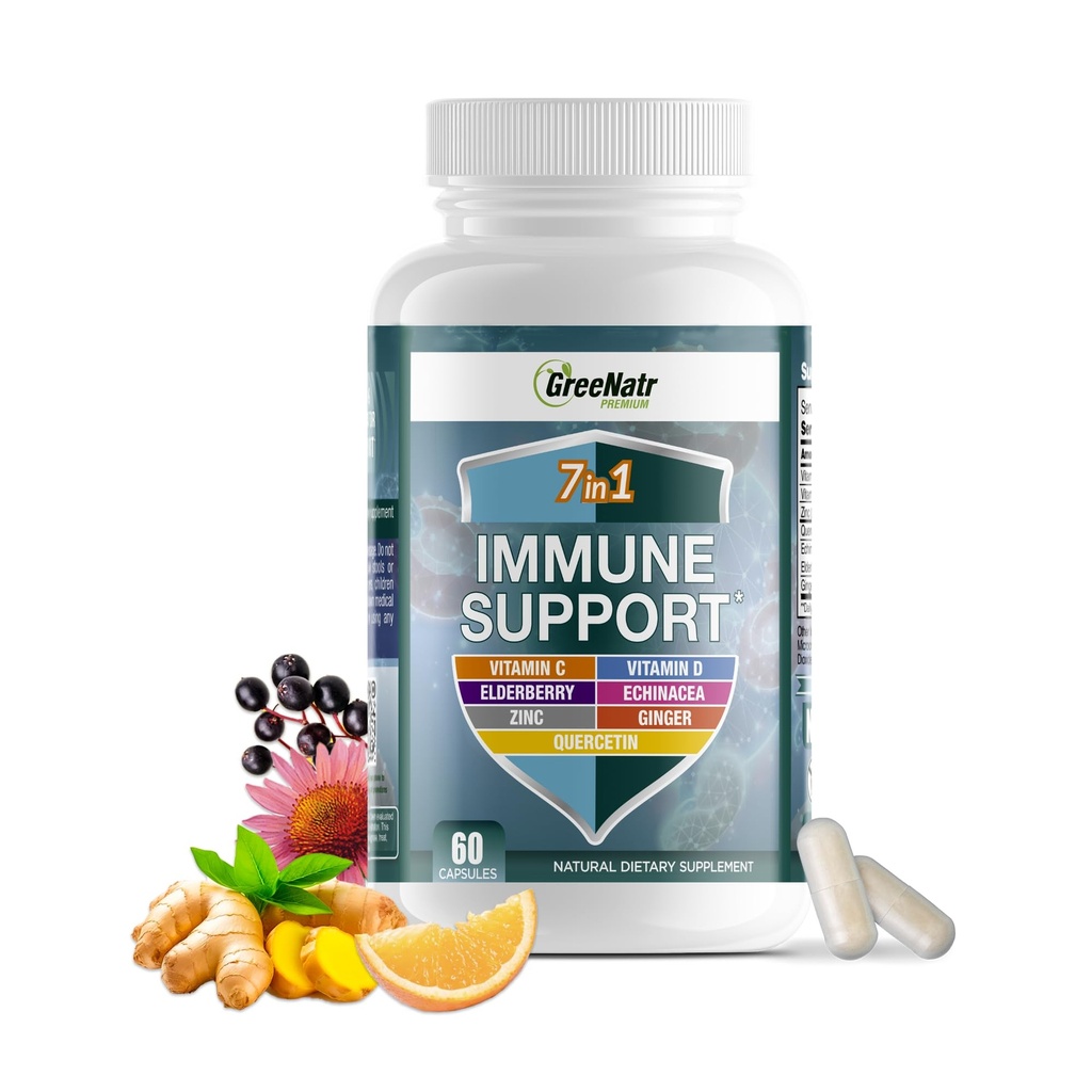 配有维生素C、D3、锌50mg、Quercetin、Echinacea Purpurea、Sambucus 长老会和姜汁完全免疫防御的GreeNatr 免疫支持补编 -- -- 60个卡普尔(1瓶)
