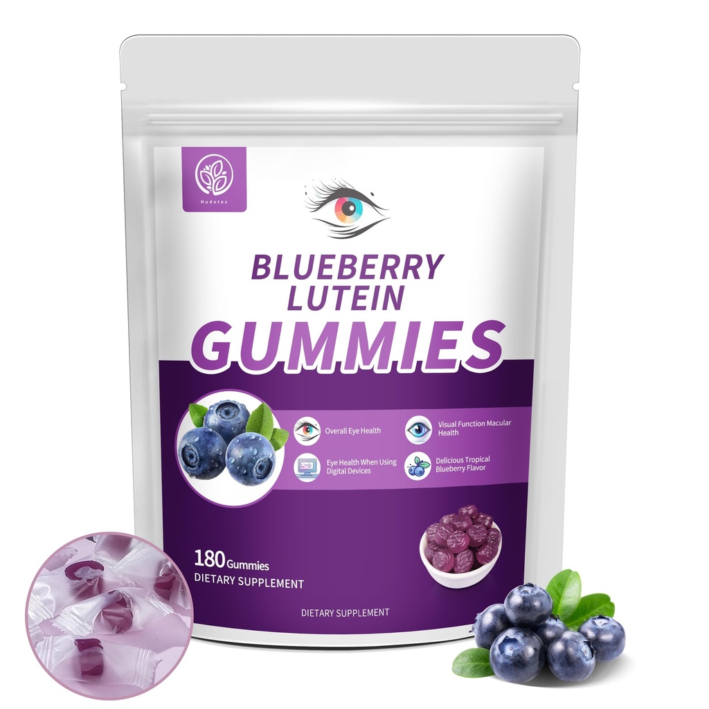 Blueberry Lutein Eye 维生素Gummys 配有180个计数 - 3个月供应,Vegan Eye 儿童与成人健康补充,Lutein Gummys 视觉清晰度和蓝光支持