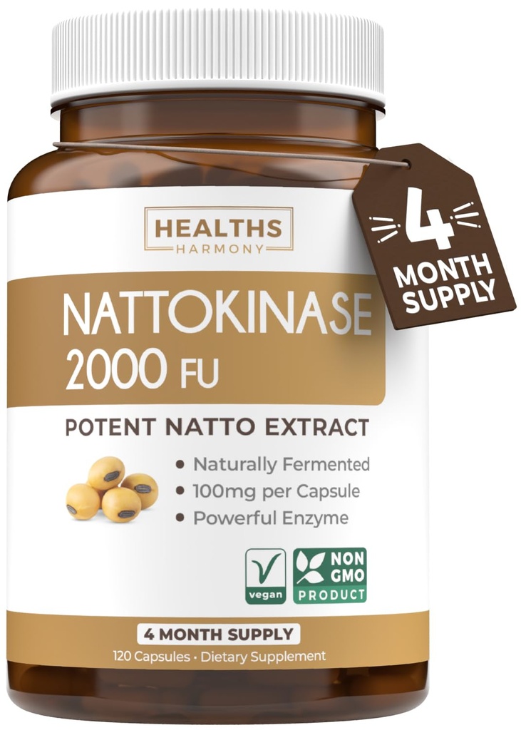 健康 和谐 Nattokinase 2000 FU(非GMO) 强力 Nattokinase 增产自天然发酵的大豆 - (4个月供应) 120 Vegan Natto Capsules
