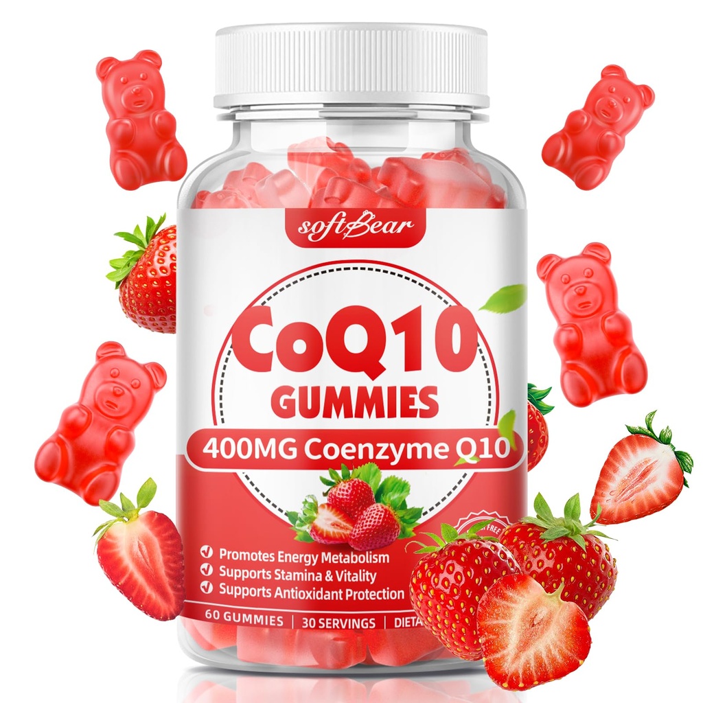 软熊 CoQ10 Gummys 400mg Coenzyme Q10 成人补充,高吸收coq10 + Omega-3,镁,维他命B3和锌用于细胞能量和抗氧化剂,草莓Flavor 60 Count