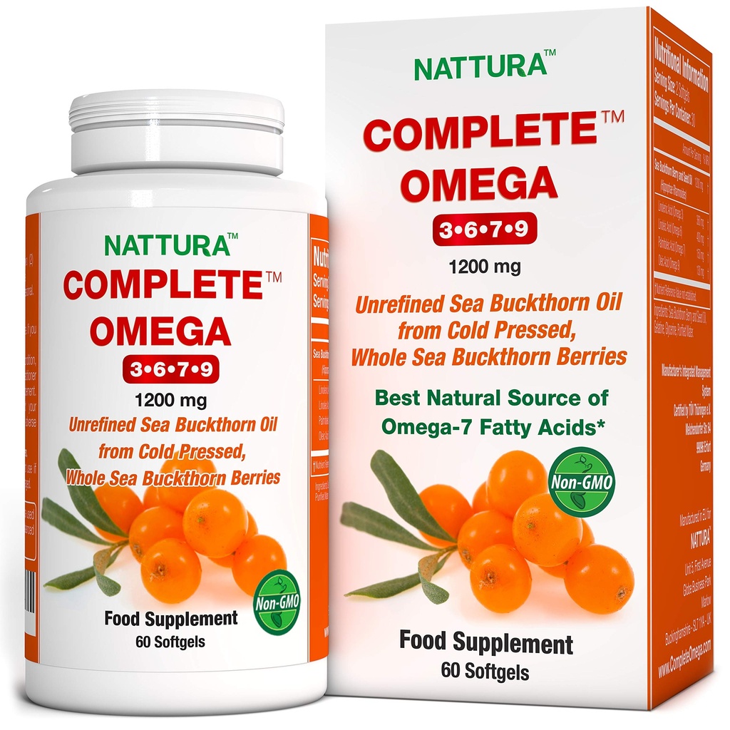 Nattura Complete Omega 3-6-7-9,纯海巴克特霍恩石油,欧洲质量,来自未精炼,冷压全海巴克特霍恩野生贝里斯 - 1,200mg - 2瓶