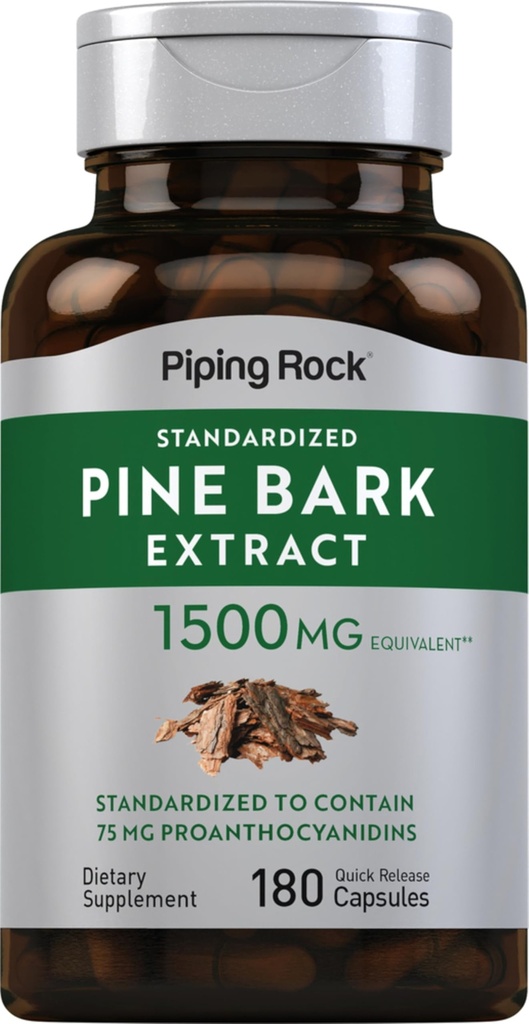 Piping Rock Pine Bark Capsules 1500mg = 180 Counter = Non-GMO, Gluten Free Supplement (英语).