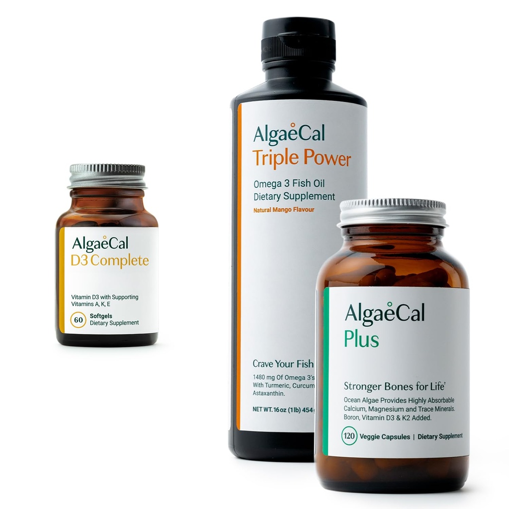 ALGAECAL Bundle - 维生素D3 完成(1 000 IU) + 维生素K2、E & A和植物基钙,用于加强骨骼和鱼油 Omega 3 1200 mg EPA DHA