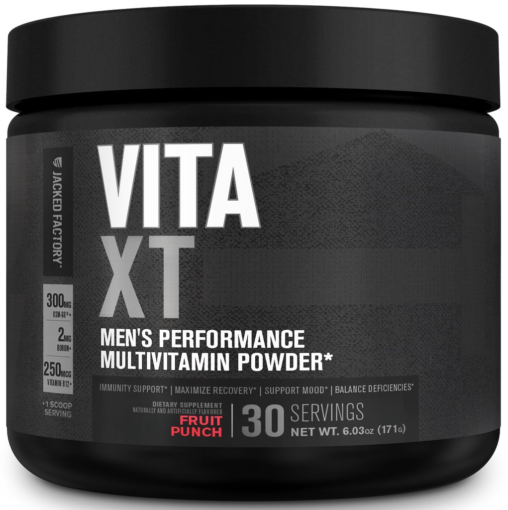 Jacked Factory Vita XT 性能维生素粉 - Daily multivitamin Powder for Men with KSM-66 Ashwagandha, Prebiotive Fiber, 维生素A, C, D, K, B6, B12, & More - 水果扑克, 30Sv