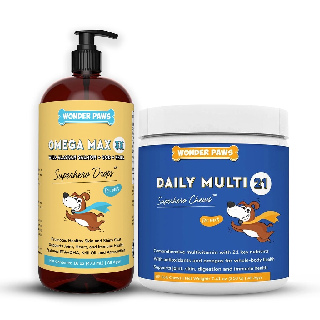 WONDER PAWS Omega Max Fish Plus Daily Multivitamin Chews - 用于狗联合健康,皮肤湿度,免疫系统支持和日常健康 - Omega Max 16 Ounces - 多维塔明 60 Chews