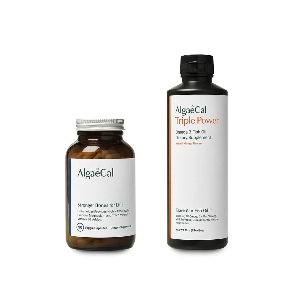 AlgaeCal Bundle - 含有维生素D3的植物基钙补充剂,用于骨质健康与强力和三重动力 Omega-3鱼油天然液体乳化,配有EPA & DHA, Curcumin, Astaxanthin