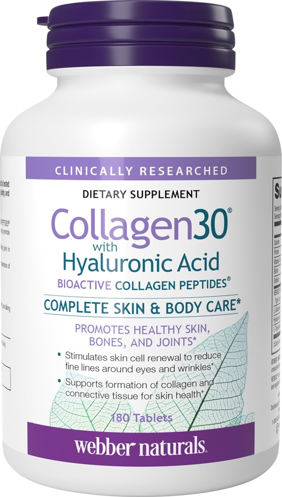 Webber Naturals Collagen30 配有 Hyaluronic Acid, Bioactive Collagen Peptides, 180 片, 帮助减少眼皱纹和细面线, 非 GMO